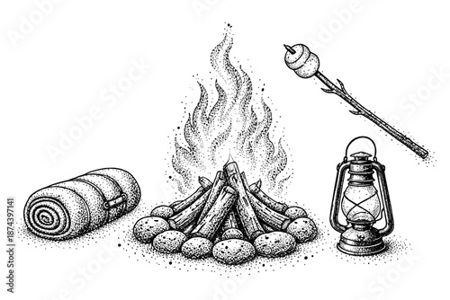 Vintage camping scene with campfire, rolled sleeping bag, lantern, and marshmallow