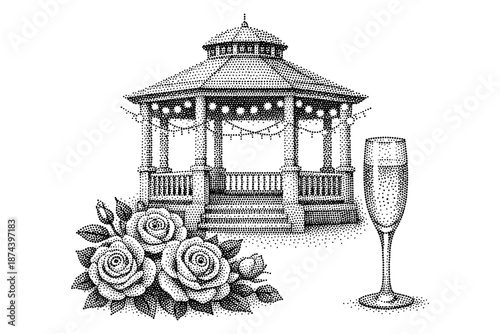 Elegant gazebo with roses and champagne glass in vintage dot style for celebrations