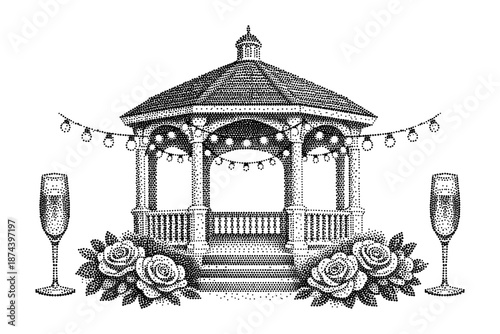 Charming dot art gazebo with festive lights and roses