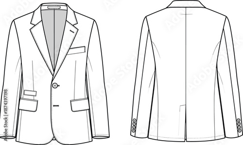 Men classic blazer technical sketch, front and back view, formal fashion outerwear apparel template, garment design, cad drawing flat vector