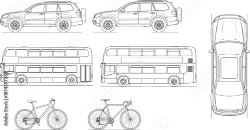 Vehicle outline illustrations, SUV side views, double decker bus drawings, bicycle line art, car top view, transportation vector set for design, planning, and automotive graphics