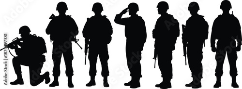 Soldiers, silhouettes, military, army, troops, weapons, defense, security, combat, uniform, patrol, service, teamwork, protection, force, black, white, vector, illustration, concept