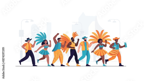A cheerful flat design illustration depicting diverse participants in vibrant costumes marching in a Rio Carnival street parade. This clean, modern 2D vector art captures the communal joy and energy