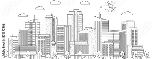 Modern city skyline illustration, urban building line art, skyscraper landscape, downtown architecture drawing, cityscape vector design with trees, clouds, and sun for planning and graphic projects
