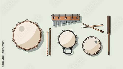 A harmonious flat design illustration showcasing essential samba instruments vital to the Rio Carnival soundtrack. This clean, modern 2D vector graphic represents the rhythmic heart of Brazilian celeb