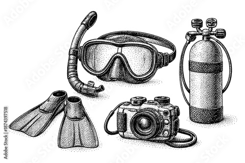 Detailed scuba diving gear in ink stipple style for underwater adventures