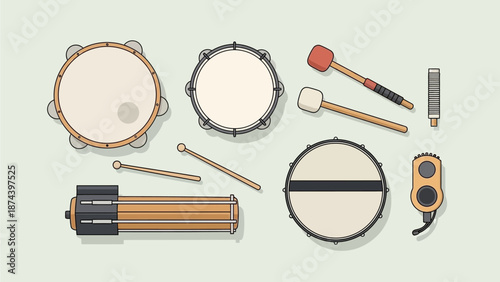 A harmonious flat design illustration showcasing essential samba instruments vital to the Rio Carnival soundtrack. This clean, modern 2D vector graphic represents the rhythmic heart of Brazilian celeb