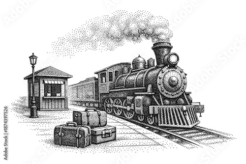 Vintage steam train at old railway station dotwork style