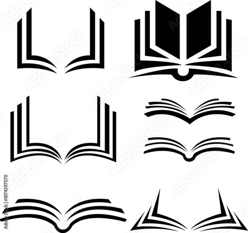 Open book set vector illustration, various simple black outline education symbols isolated