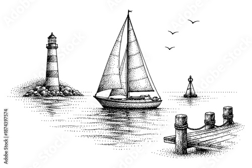 Vintage maritime ink art with sailboat and lighthouse scene