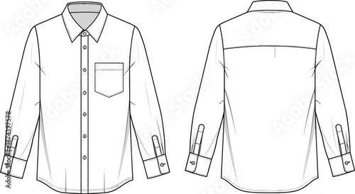 Men long sleeve shirt technical fashion illustration, front and back view, classic apparel design template, formal casual garment, cad drawing flat vector