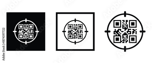 Three bold black square frames, each containing a classic black and white QR code pattern. Clean, minimalist vector design arranged horizontally on transparent background. Ideal for tech branding.