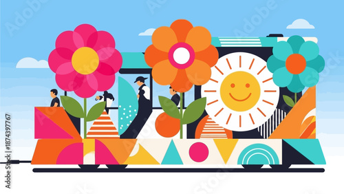 UntitlA vibrant flat design illustration of a grand Rio Carnival parade float, adorned with oversized flowers and a smiling sun motif. This art captures the spectacular creativity of the event
