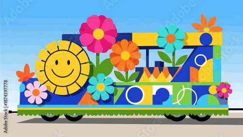 UntitlA vibrant flat design illustration of a grand Rio Carnival parade float, adorned with oversized flowers and a smiling sun motif. This art captures the spectacular creativity of the event