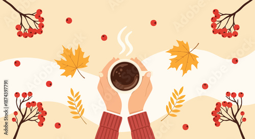 Cozy Autumn Coffee Scene with Falling Leaves and Berries Aesthetically Pleasing Background for Seasonal Content