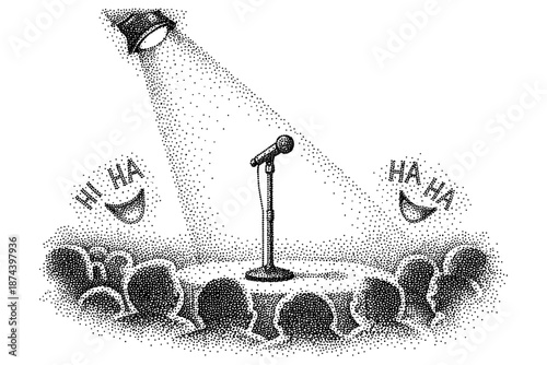 Dot art comedy stage with spotlight and audience laughter symbols