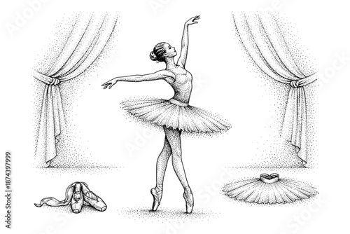 Elegant ballerina in pointillism style with dance studio elements