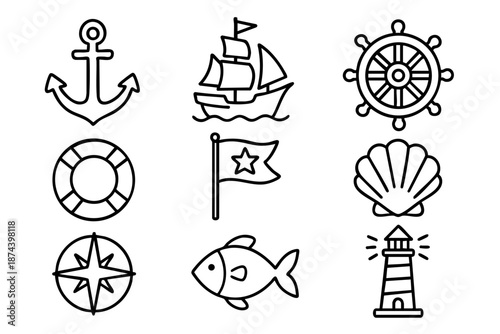 Nautical and marine icons set with sea and sailing symbols in outline doodle style