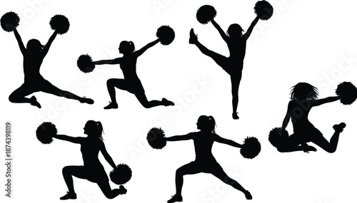Cheerleader silhouette poses, female dancers with pom poms, energetic jumps and stunts, black sport figures, isolated on white background