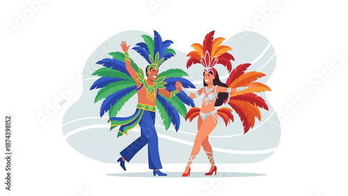 A joyful flat design illustration of a couple dancing samba in vibrant carnival costumes, embodying the energy of Rio Carnival 2026. 