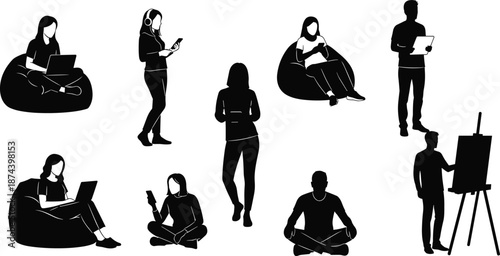 People using digital devices silhouette set showing work, communication, creativity and relaxation in modern remote lifestyle isolated on white background