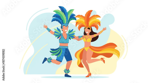 A joyful flat design illustration of a couple dancing samba in vibrant carnival costumes, embodying the energy of Rio Carnival 2026. 