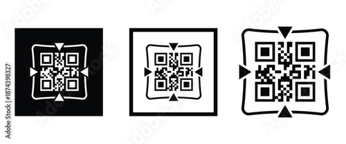 Three bold black square frames, each containing a classic black and white QR code pattern. Clean, minimalist vector design arranged horizontally on transparent background. Ideal for tech branding.
