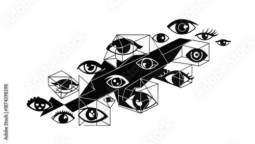 Abstract geometric arrangement of watchful eyes, symbolizing surveillance and observation.