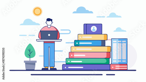 Person studying with laptop and books Vector