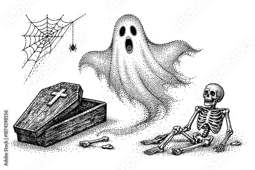 Vintage dotwork halloween scene with ghost, skeleton, and coffin