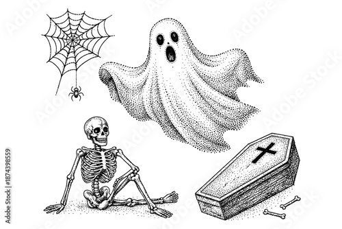 Vintage halloween elements: spooky ghost, skeleton, coffin and spider web in retro style
