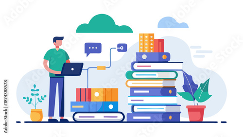 Student engaging in online learning with books Vector