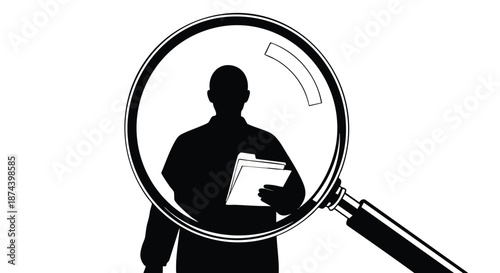 Silhouetted person holding documents magnified by a large magnifying glass against a stark white background representing data analysis and scrutiny