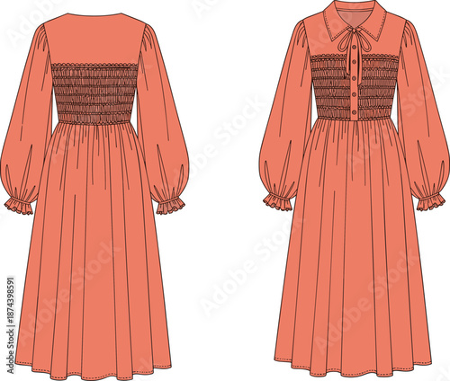 Women, dress, fashion, technical, flat, sketch, long, sleeve, maxi, garment, apparel, clothing, front, back, view, vector, illustration, design, template, style