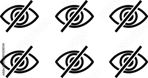 Professional eye icon set featuring various vision symbols with slash lines representing hidden content or disabled visibility settings.