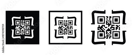 Three bold black square frames, each containing a classic black and white QR code pattern. Clean, minimalist vector design arranged horizontally on transparent background. Ideal for tech branding.