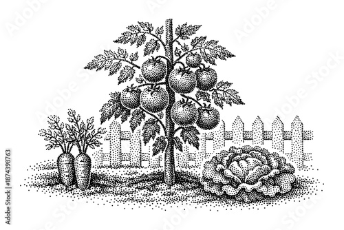 Vintage garden scene with tomato plant, carrots, and cabbage in detailed dotwork style