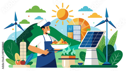 Chef preparing meal with renewable energy sources Vector