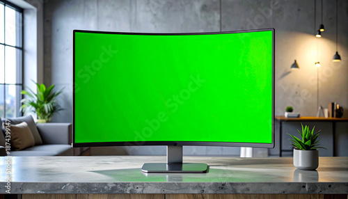 Curved computer monitor with chroma key green screen on concrete table