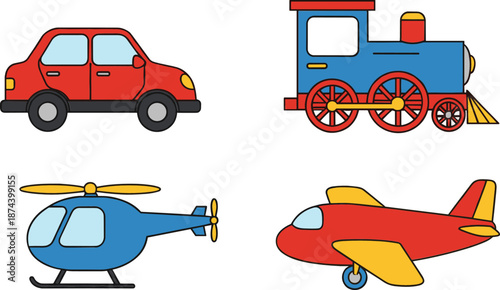 Cute cartoon transportation vehicles set including car train helicopter and airplane isolated on white vector