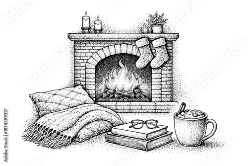 Cozy winter scene with a warm fireplace and comforting hot cocoa