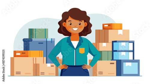 Woman standing among moving boxes Vector