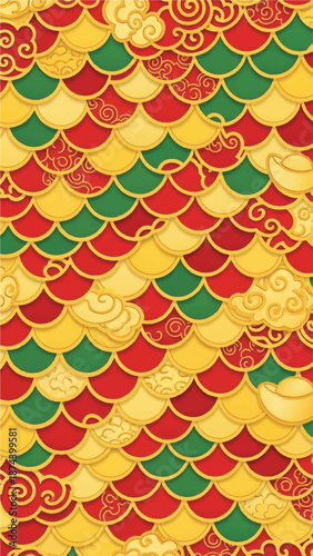 Colorful scalloped scale pattern in red, yellow, and green decorative textile texture.
