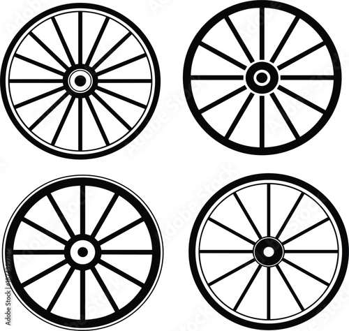 Vintage wooden wagon wheel silhouette set, rustic western carriage cart wheels, antique farm equipment vector illustration