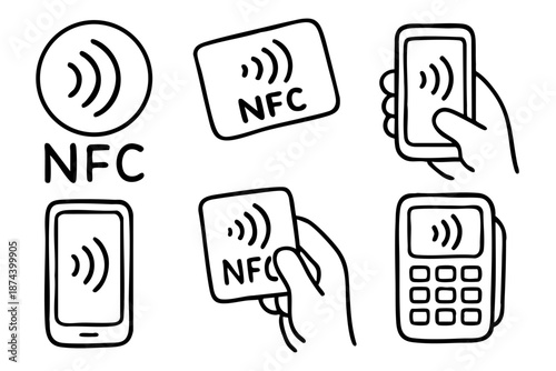 Nfc contactless payment and wireless technology icons set in outline doodle style