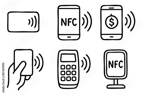 Nfc contactless payment and wireless technology icons set in outline doodle style