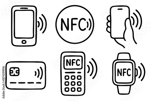 Nfc contactless payment and wireless technology icons set in outline doodle style