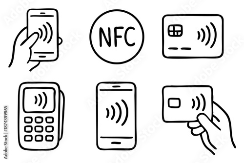 Nfc contactless payment and wireless technology icons set in outline doodle style
