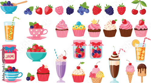 Cute dessert and berry illustration set with cupcakes ice cream jam and fruit colorful vector collection