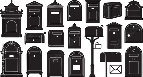 Assortment of black silhouette mailboxes and a letter icon postbox letterbox